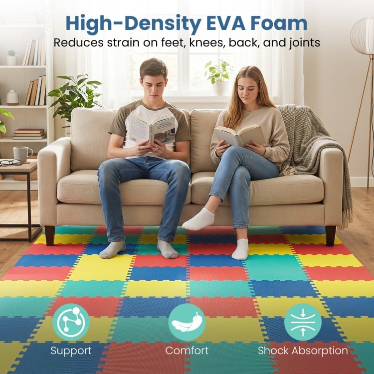 Multicolor 54 pack EVA foam floor tiles provide high-density support and comfort, ideal for home gym and living room use.