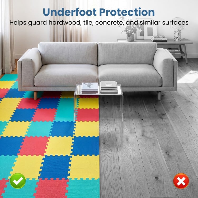 Multicolor EVA foam floor tiles provide non-slip protection and comfort for home gym and living room surfaces.