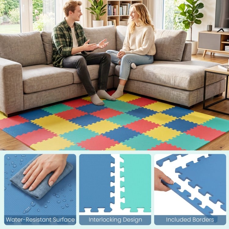 Multicolor EVA foam floor tiles with non-slip surface and borders, ideal for home gym and living room protection.