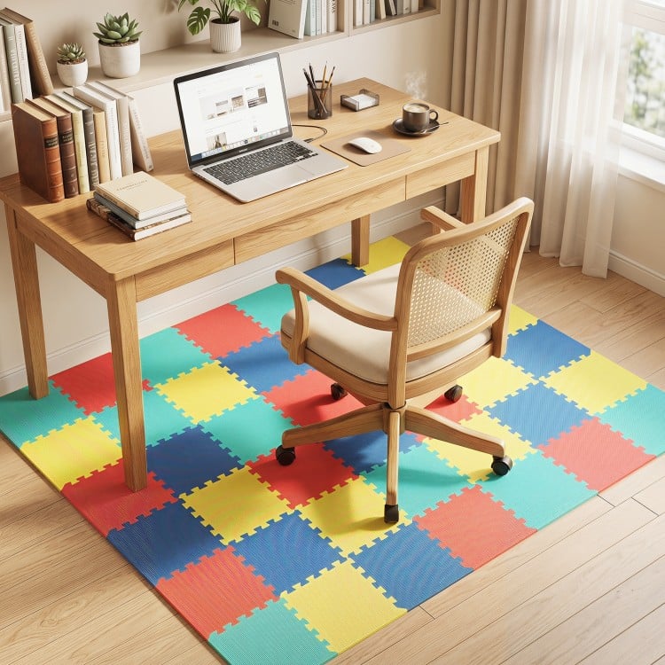 Multicolor EVA foam floor tiles with non-slip surface, ideal for home gym or living room, providing comfort and protection.