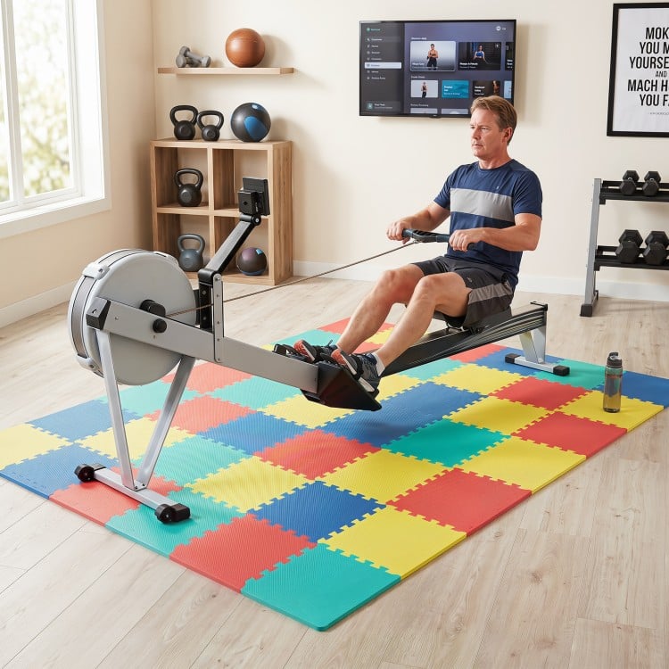Multicolor EVA foam floor tiles provide non-slip cushioning for home gym workouts, ensuring comfort and joint protection.