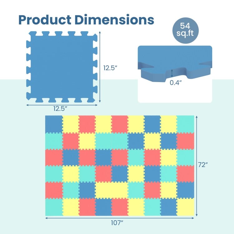 Multicolor 54 pack EVA foam floor tiles with non-slip surface, 0.4" thick, ideal for home gym and living room use.