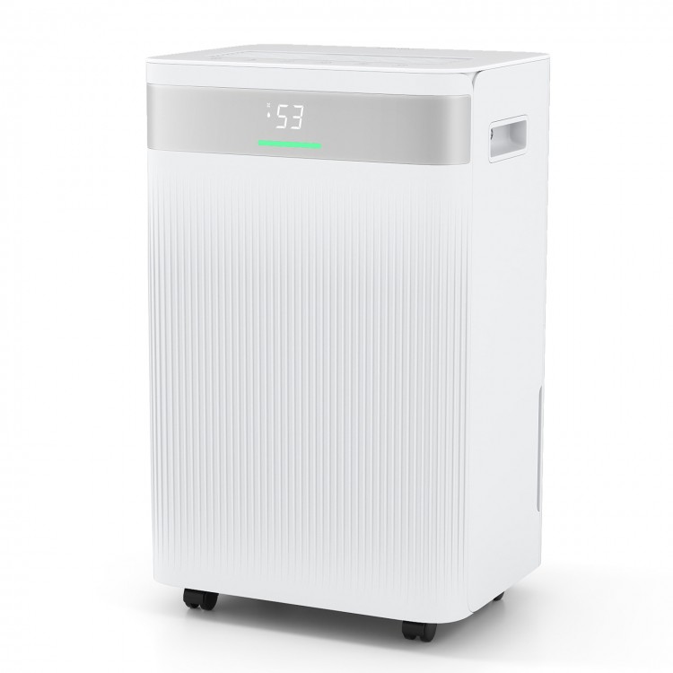 54 pints dehumidifier in white with smart touch control, large water tank, and quiet operation for home use.