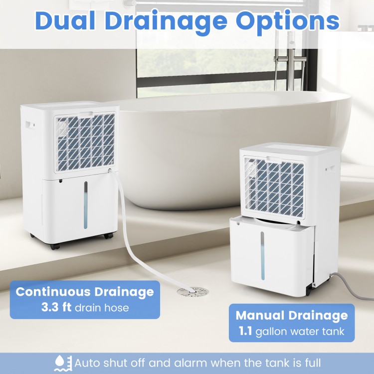 54 Pints dehumidifier with continuous drainage hose and manual water tank, ideal for home use in 4500 sq. ft.