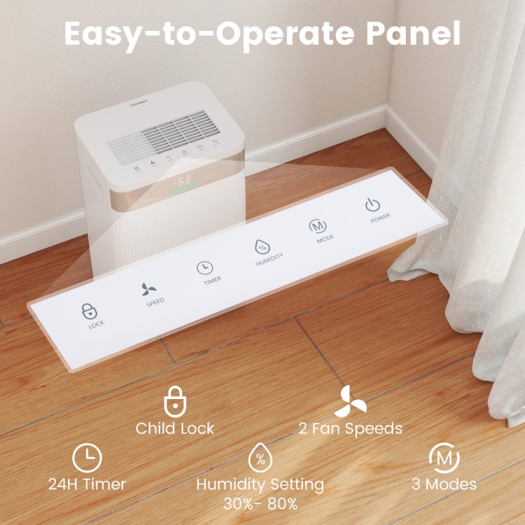 Easy-to-use control panel of the 54 Pints Dehumidifier with humidity settings, timer, and child lock feature.
