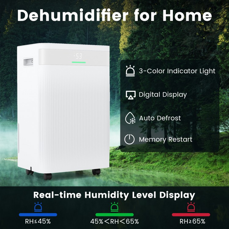54 pints dehumidifier in white with digital display and 3-color humidity indicator for home use up to 4500 sq. ft.