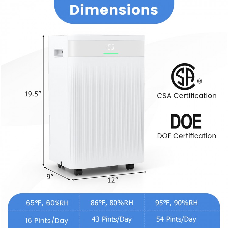 Dimensions of the 54 Pints Dehumidifier, featuring a white design, CSA and DOE certification for reliable home use.
