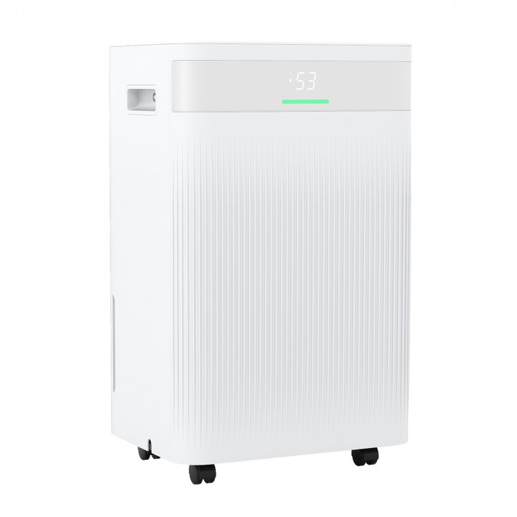 54 Pints dehumidifier in white with smart touch control, large water tank, and universal wheels for easy mobility.