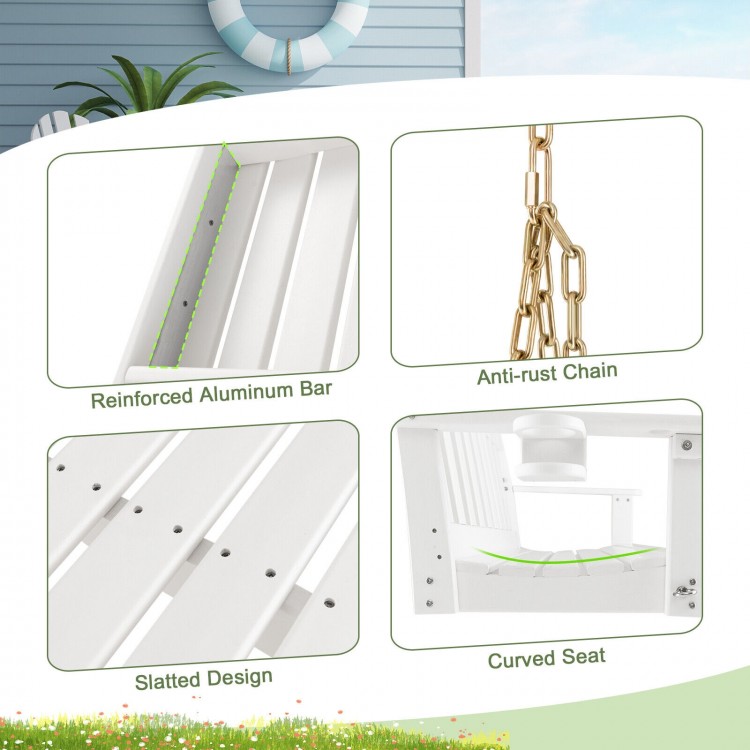 Detail of the 54-inch HDPE patio porch swing showcasing the slatted design and reinforced aluminum bar for stability.
