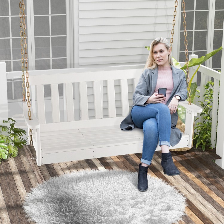 54-inch white HDPE patio porch swing with hidden cup holder, featuring slatted design and reinforced aluminum bars for.