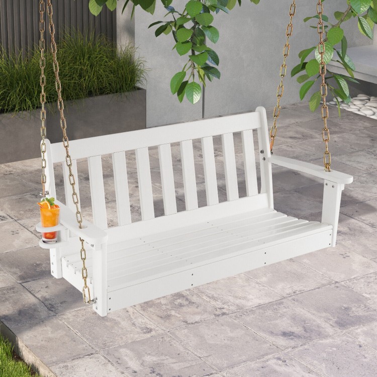 White 54-inch HDPE patio porch swing with slatted design and rotatable cup holder, ideal for outdoor relaxation.
