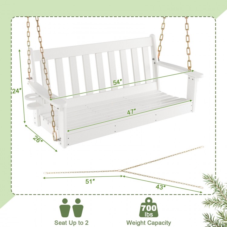 54-inch white HDPE patio porch swing with cup holder, slatted design, 700 lbs capacity, ideal for outdoor relaxation.