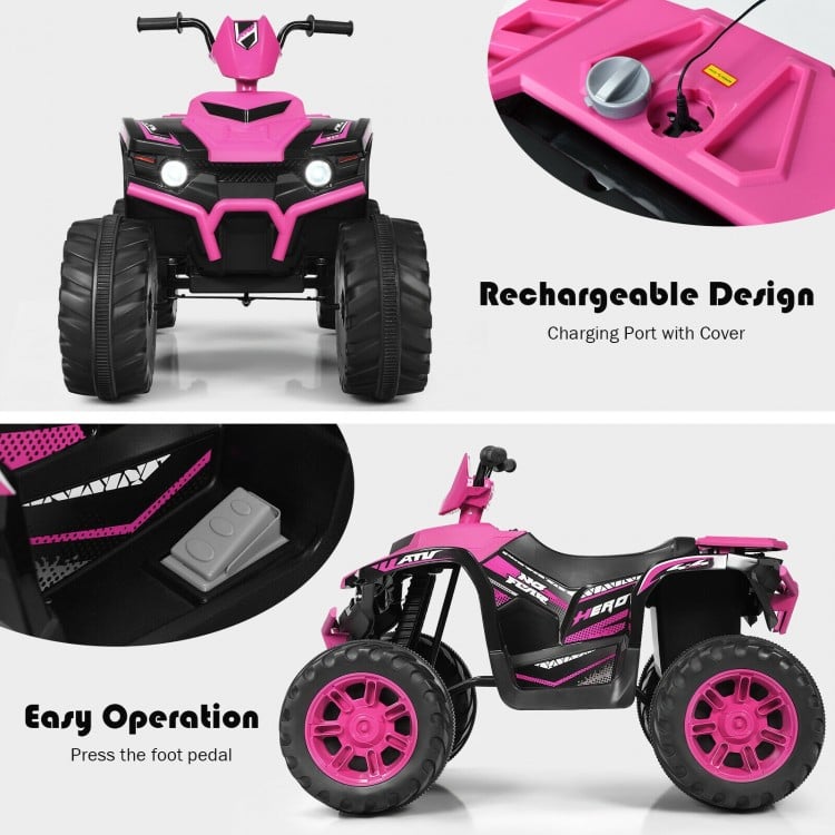 Front view of the pink 12V kids ride-on ATV with LED lights, featuring a rechargeable design and easy operation for fun.