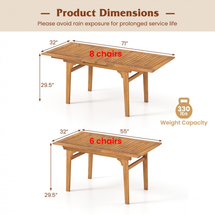 Expandable 55-71 inch patio dining table in solid acacia wood, seating 6-8 people, with umbrella hole for outdoor use.