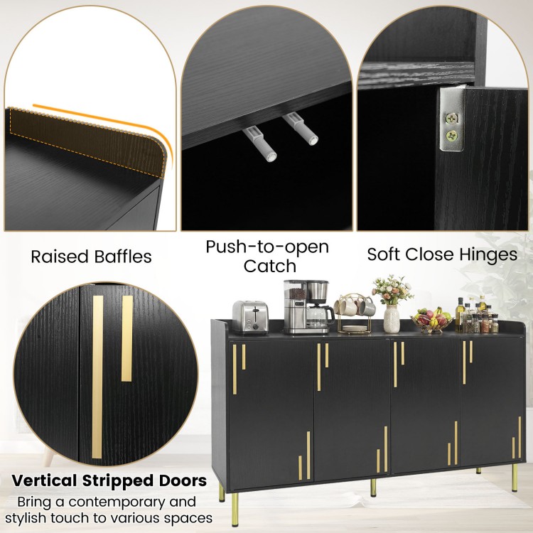 Buffet cabinet with vertical stripped doors, 4 doors, and 5 metal legs for stylish storage in dining or kitchen spaces.