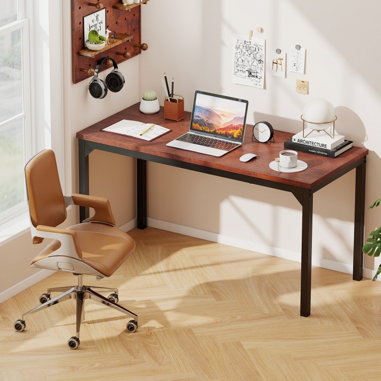 Brown 55-inch conference table with a heavy-duty metal frame, ideal for office or dining use, featuring a spacious.