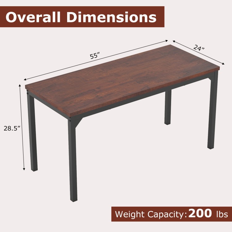 55-inch conference table dimensions displayed, featuring a sturdy metal frame and a spacious brown top for versatile.