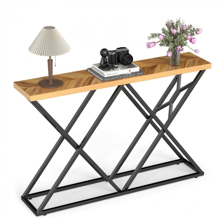 Console table with a solid wood top and geometric metal base, perfect for living room or hallway display.