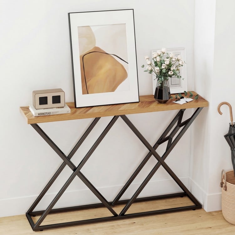 Console table featuring a solid wood top and geometric metal frame, ideal for living room or hallway display.