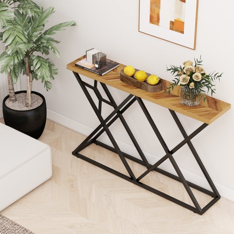 55-inch console table with a solid wood top and geometric metal frame, ideal for living room or hallway decor.