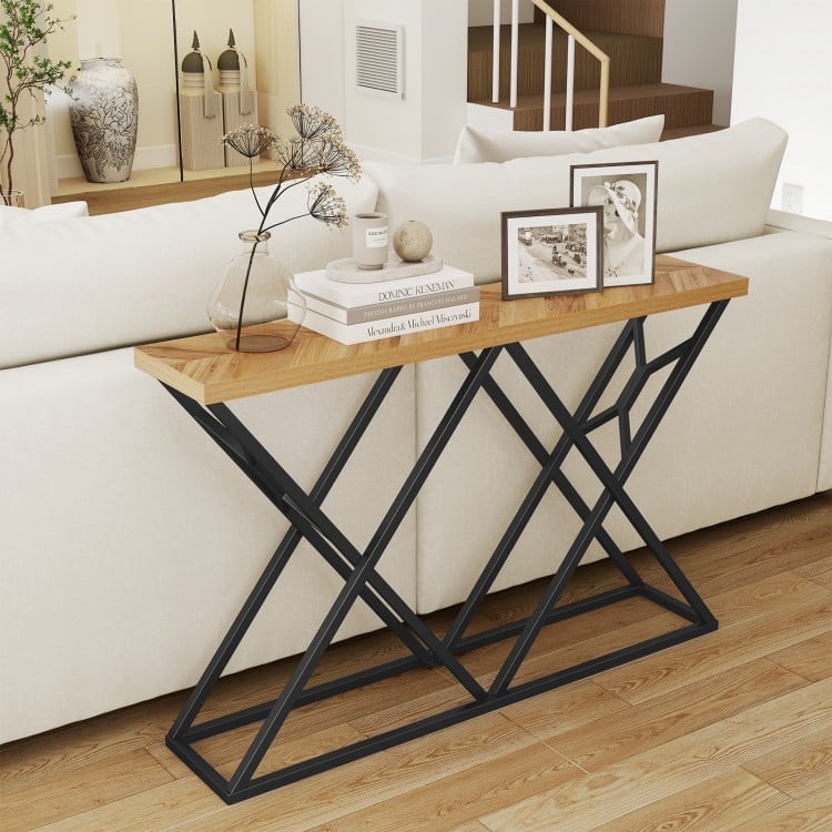 55-inch console table featuring a solid wood top and geometric metal base, perfect for living room or hallway display.