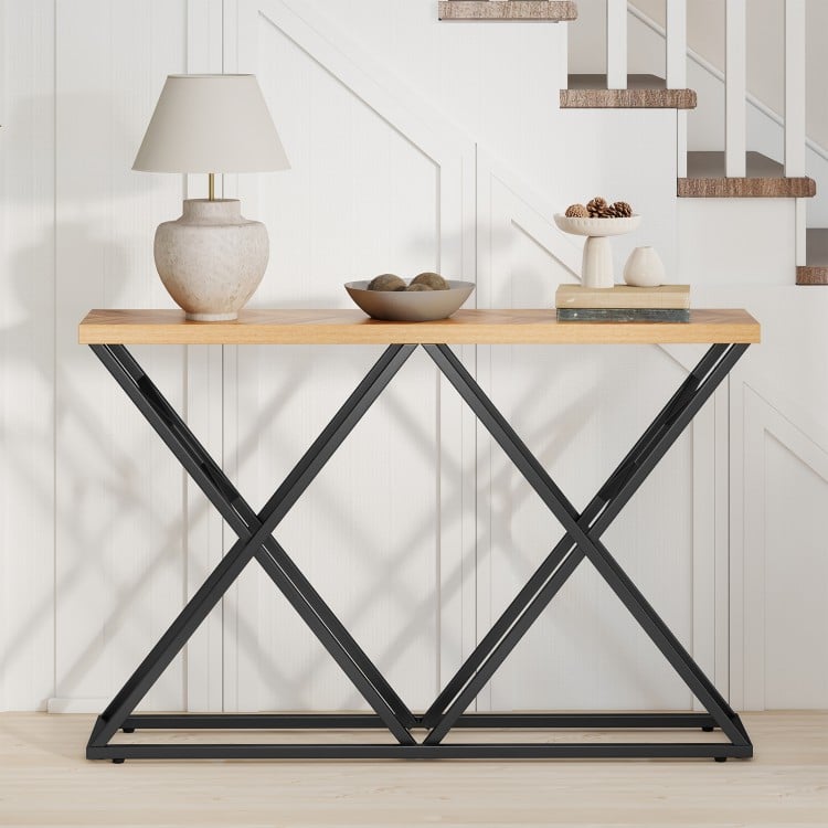 55-inch console table featuring a solid wood top and geometric metal frame, ideal for living room or hallway display.