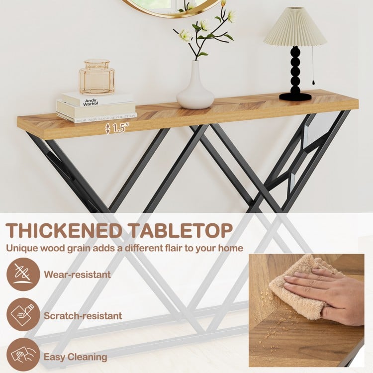 Console table with a thickened wood grain top, solid metal frame, and geometric design, ideal for living room or.