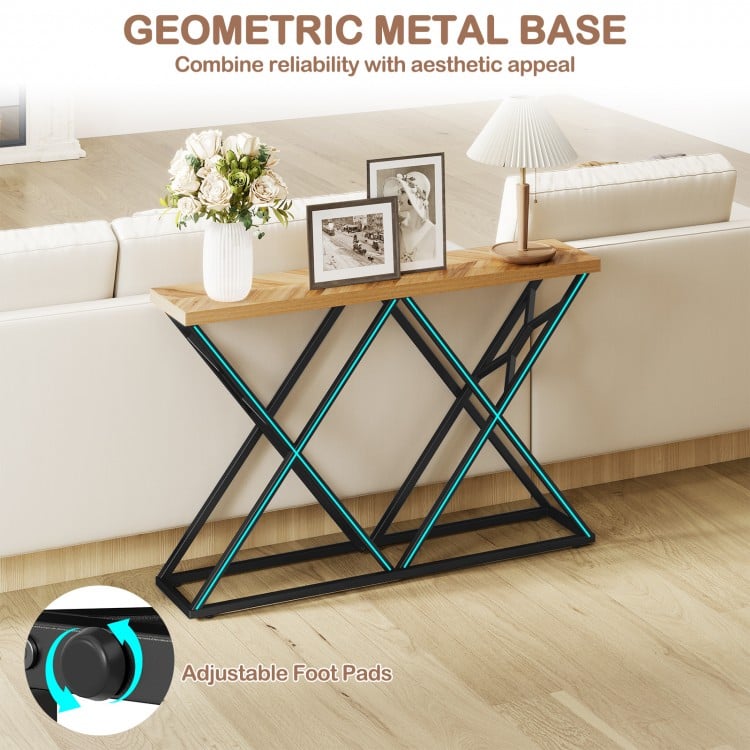 55-inch console table with geometric metal base, solid wood top, and adjustable foot pads for living room or hallway.