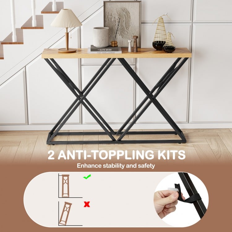55-inch console table with a solid wood top and geometric metal frame, featuring anti-toppling kits for enhanced.