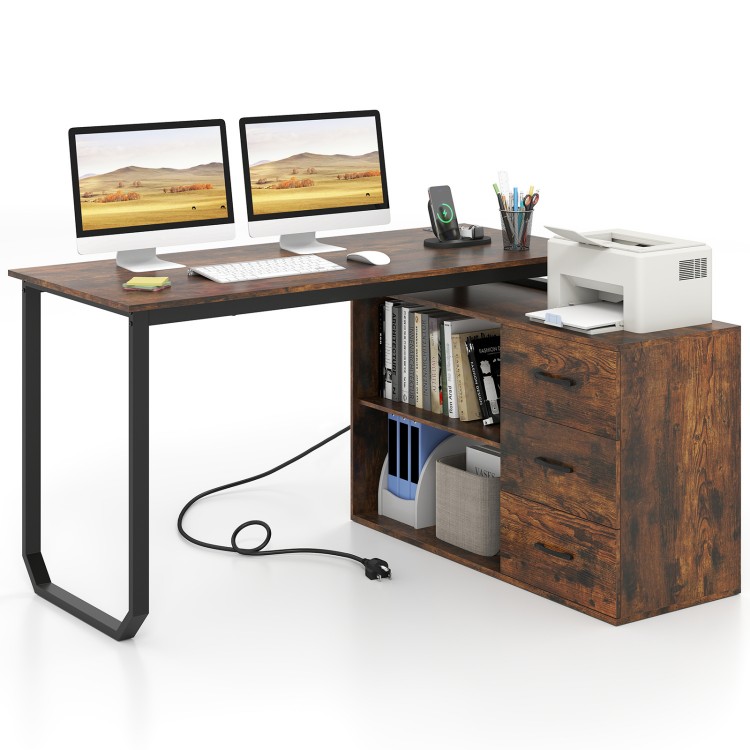 L-shaped desk in rustic brown with 3 drawers, adjustable shelf, and USB ports for home office organization.