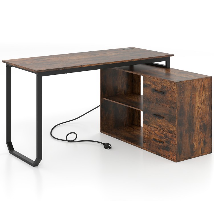 Reversible L-shaped desk in rustic brown with 3 drawers, adjustable shelf, and integrated AC and USB ports for home.