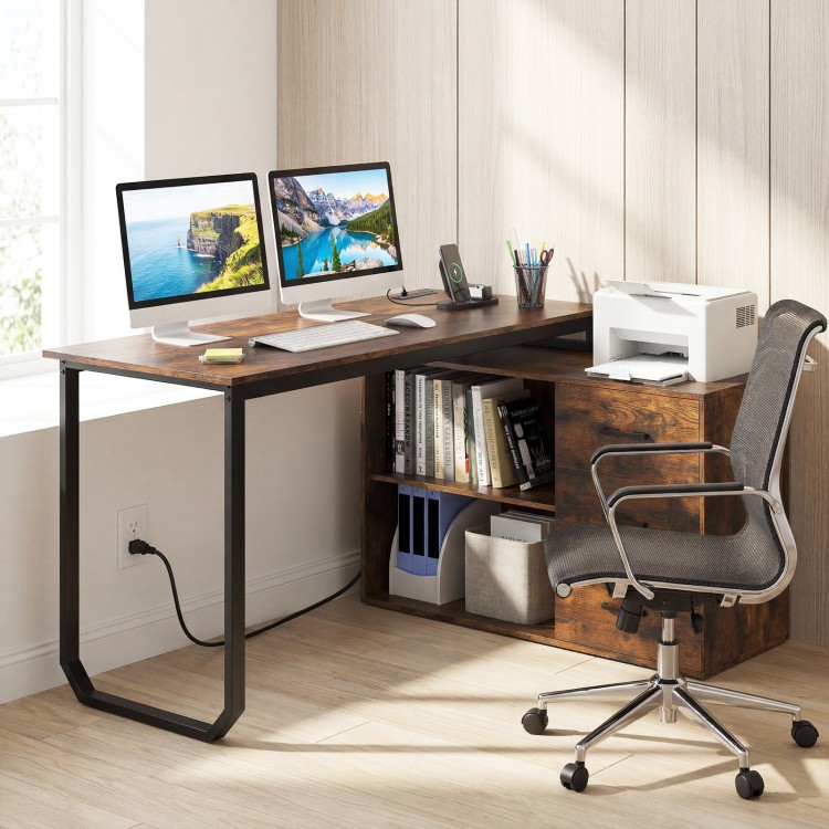 Reversible 55-inch L-shaped desk in rustic brown with 3 drawers, adjustable shelf, and dual AC outlets for home office.