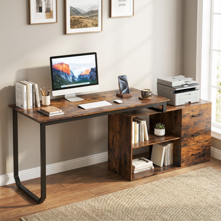 55-inch reversible L-shaped desk in rustic brown with 3 drawers and adjustable shelf for home office organization.