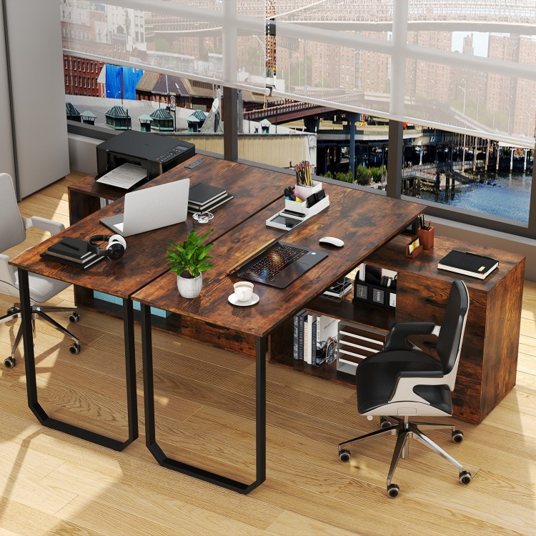 Reversible 55-inch L-shaped desk in rustic brown with 3 drawers, adjustable shelf, and USB ports for home office use.