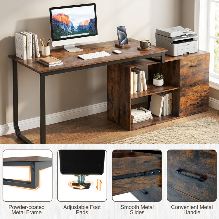 55-inch reversible L-shaped desk in rustic brown with adjustable shelf, 3 drawers, and metal frame for home office use.