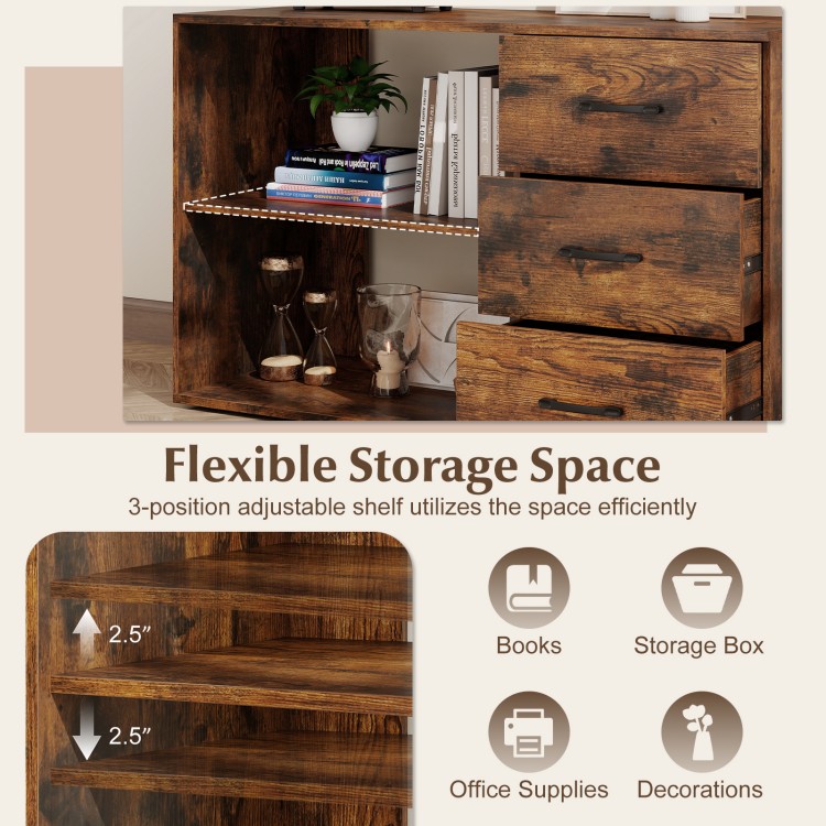 Rustic brown 55-inch L-shaped desk with 3 drawers and adjustable shelf, perfect for home office organization.