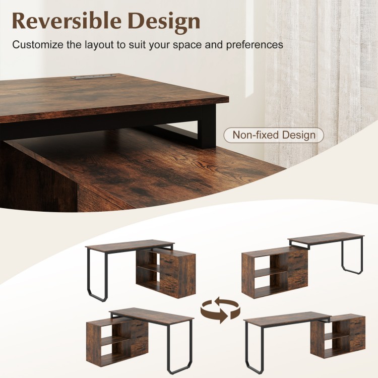 Reversible L-shaped desk in rustic brown with adjustable shelf, 3 drawers, and USB ports for versatile home office use.