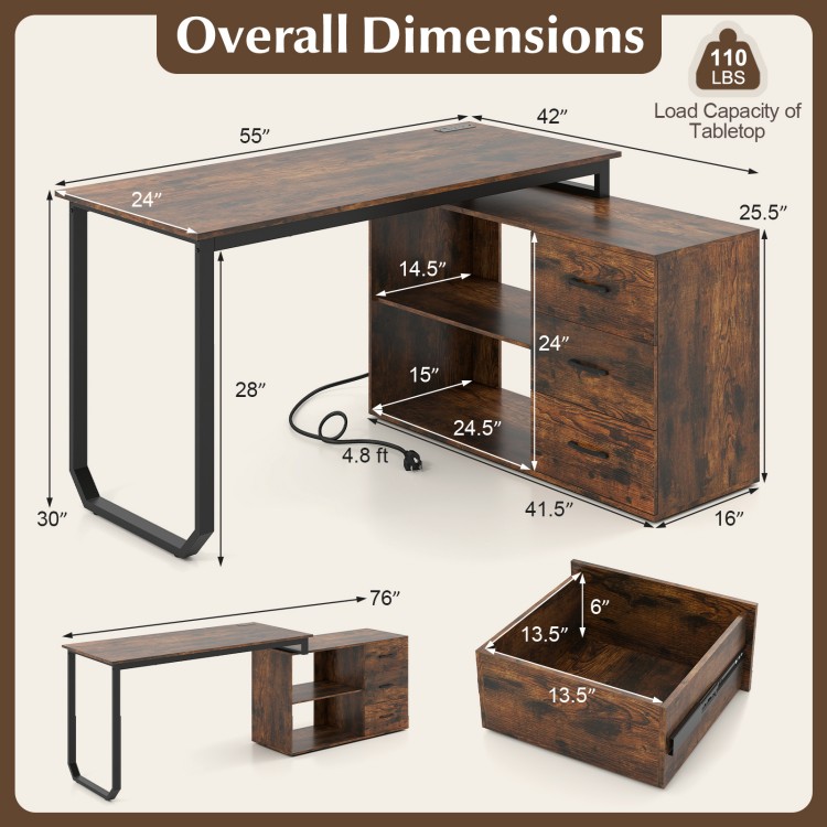 L-shaped desk with adjustable shelf, 3 drawers, and USB ports in rustic brown, ideal for home office use.