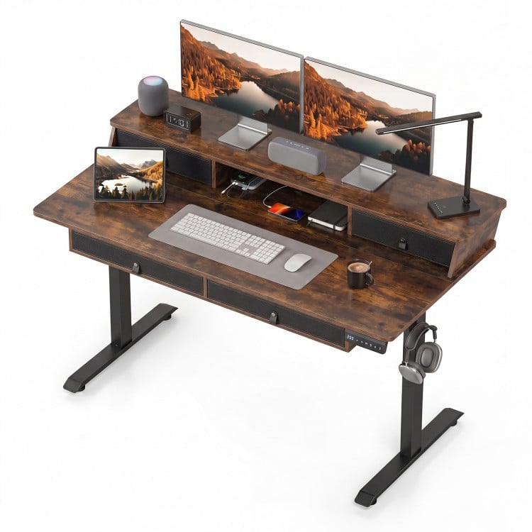 Electric standing desk in rustic brown with ergonomic monitor stand, storage drawers, and smart control panel for home.