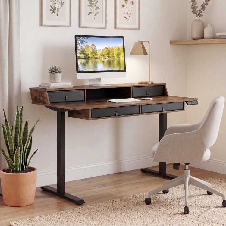 Electric standing desk in rustic brown with drawers, ergonomic monitor stand, and adjustable height for optimal.