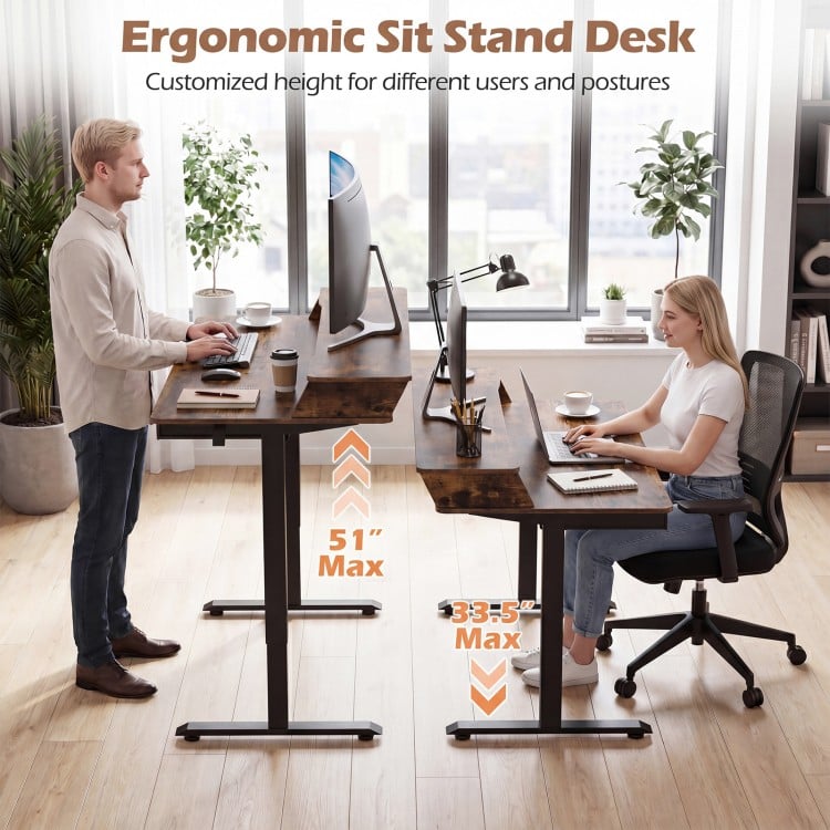 Electric standing desk with a rustic brown finish, adjustable height, and ergonomic monitor stand for optimal viewing.