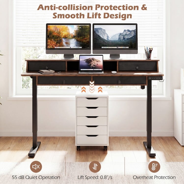 Electric standing desk with rustic brown finish, featuring drawers, anti-collision design, and ergonomic monitor stand.