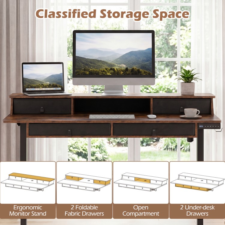 Electric standing desk in rustic brown with ergonomic monitor stand, foldable drawers, and open compartment for.