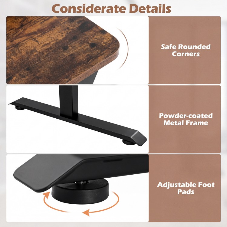 Close-up of the electric standing desk's adjustable foot pads and powder-coated metal frame for stability and support.