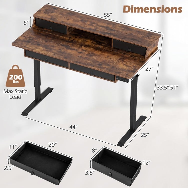 Electric standing desk with rustic brown finish, featuring dimensions 55"x27" and multiple storage drawers for.