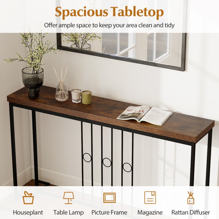 55" industrial console table with spacious brown tabletop and sturdy H-shaped base, perfect for living room or hallway.
