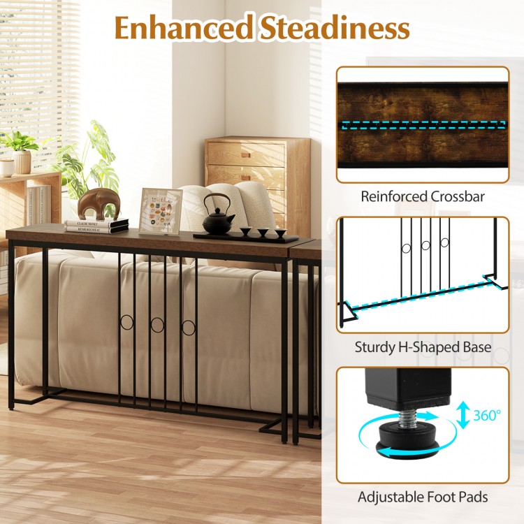 55" industrial console table with H-shaped base, reinforced crossbar, and adjustable foot pads for enhanced stability.