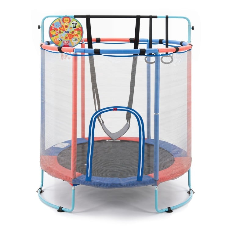55" kids trampoline with adjustable gymnastics bar and basketball hoop, featuring a durable frame and safety enclosure.