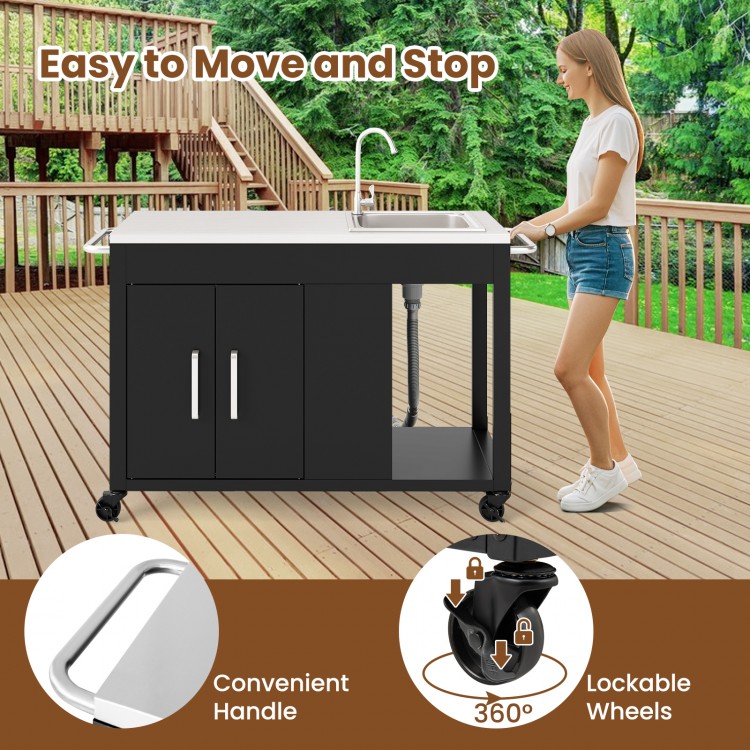 Outdoor grill table with sink and stainless steel top, featuring lockable wheels and convenient handles for easy.