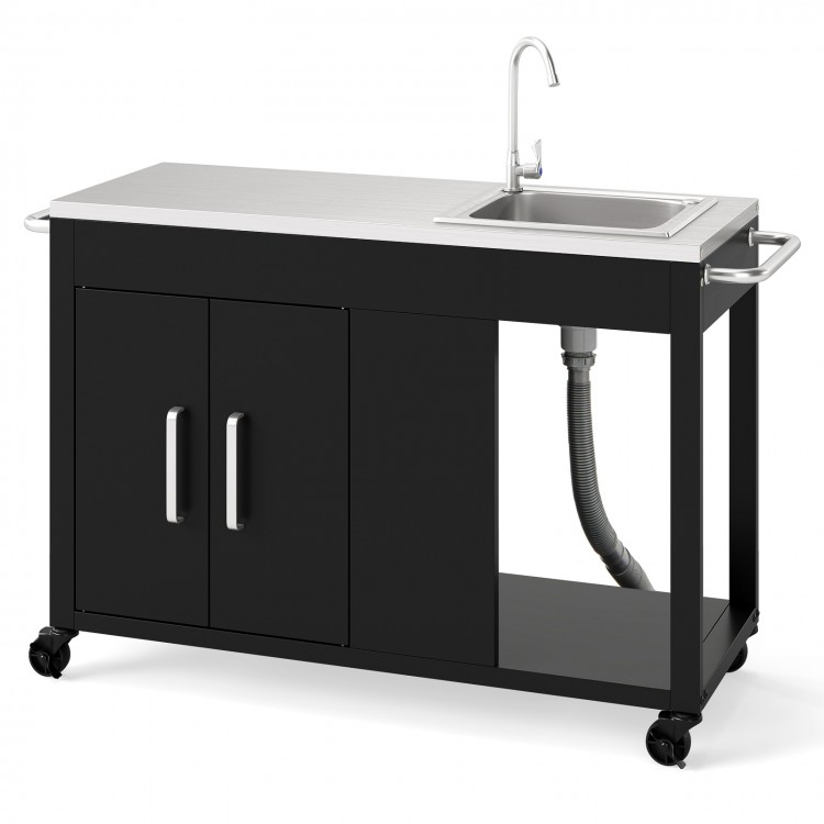 Outdoor grill table with sink and stainless steel top, featuring storage cabinets and lockable wheels for easy mobility.